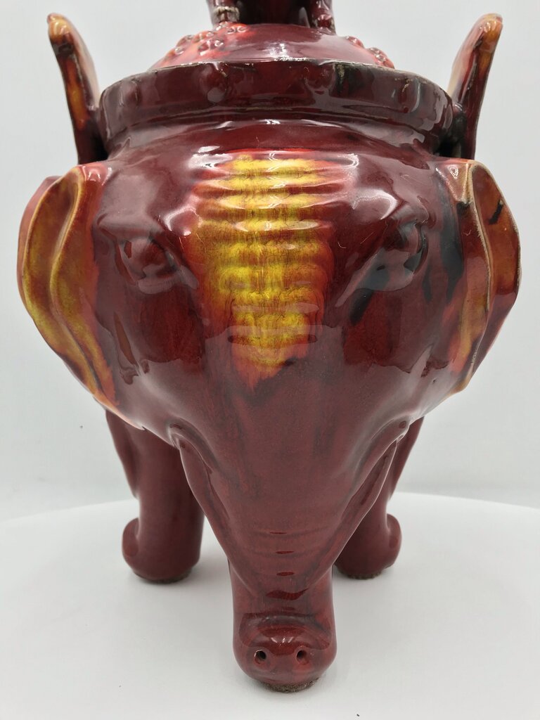 Vintage Asian Censer, Circa 1930 Chinese Tri-Pod Lidded Censer Red & Yellow Elephant Incense Burner (Sang de Boeuf Glaze) Foo Dog Finial Lid