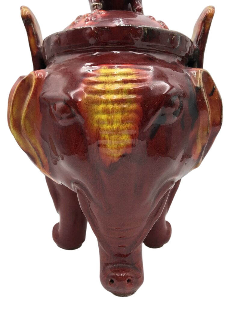 Vintage Asian Censer, Circa 1930 Chinese Tri-Pod Lidded Censer Red & Yellow Elephant Incense Burner (Sang de Boeuf Glaze) Foo Dog Finial Lid by Miss Daisy's Consignment & Auction House