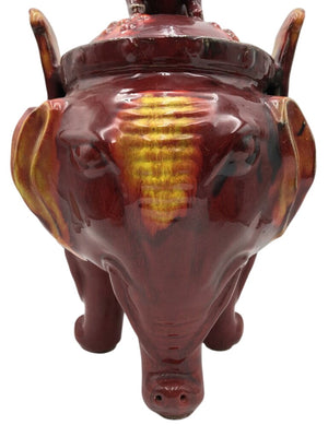 Vintage Asian Censer, Circa 1930 Chinese Tri-Pod Lidded Censer Red & Yellow Elephant Incense Burner (Sang de Boeuf Glaze) Foo Dog Finial Lid