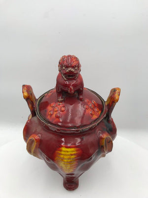 Vintage Asian Censer, Circa 1930 Chinese Tri-Pod Lidded Censer Red & Yellow Elephant Incense Burner (Sang de Boeuf Glaze) Foo Dog Finial Lid