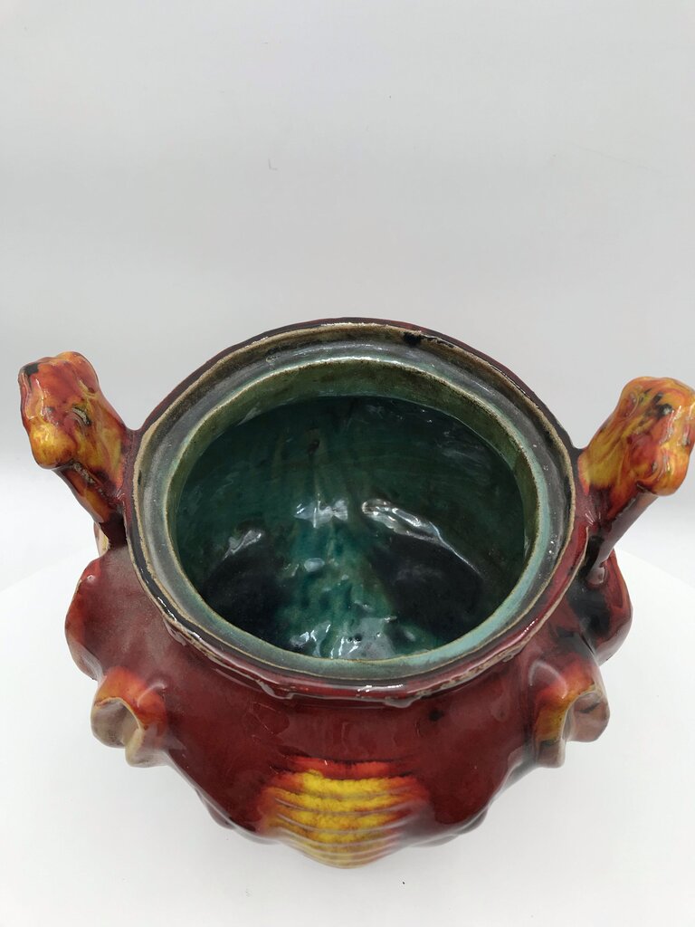 Vintage Asian Censer, Circa 1930 Chinese Tri-Pod Lidded Censer Red & Yellow Elephant Incense Burner (Sang de Boeuf Glaze) Foo Dog Finial Lid