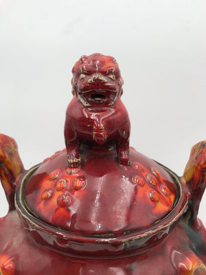 Vintage Asian Censer, Circa 1930 Chinese Tri-Pod Lidded Censer Red & Yellow Elephant Incense Burner (Sang de Boeuf Glaze) Foo Dog Finial Lid
