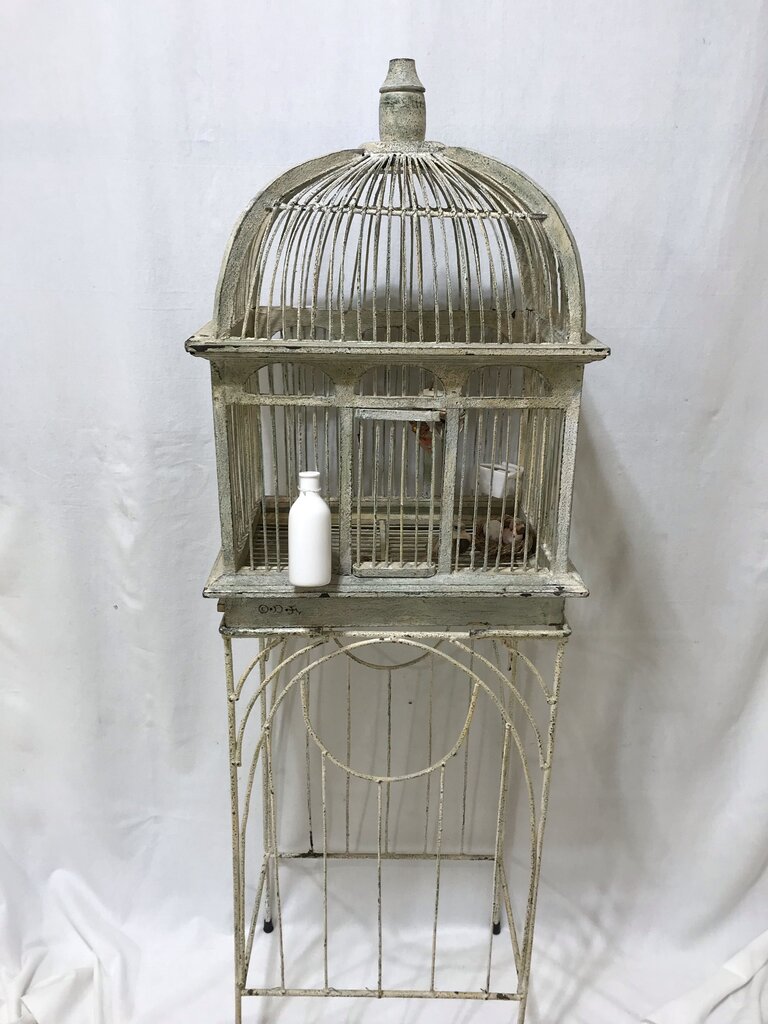 Vintage White Bird Cage W/ Stand + Birds