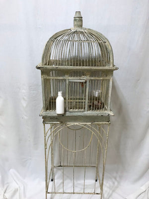 Vintage White Bird Cage W/ Stand + Birds