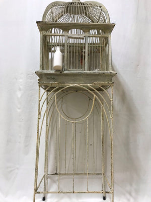 Vintage White Bird Cage W/ Stand + Birds