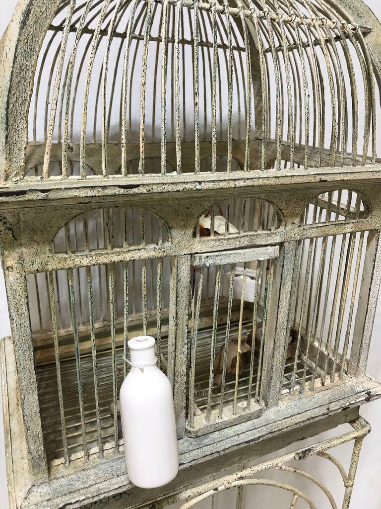 Vintage White Bird Cage W/ Stand + Birds