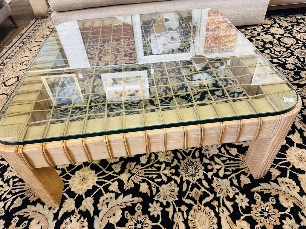Karl Springer "Dowel Wood Coffee Table" With Woven Rattan 42x42x16