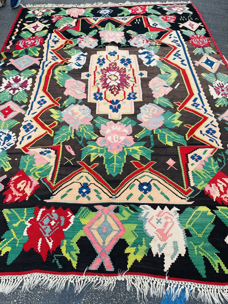 Vintage Bessarabian Black Red Green Wool Kilim Rug 95x126