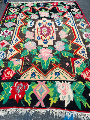 Vintage Bessarabian Black Red Green Wool Kilim Rug 95x126