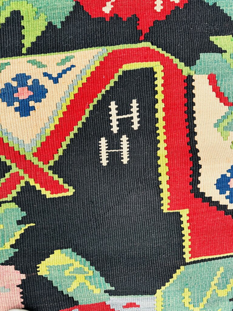 Vintage Bessarabian Black Red Green Wool Kilim Rug 95x126