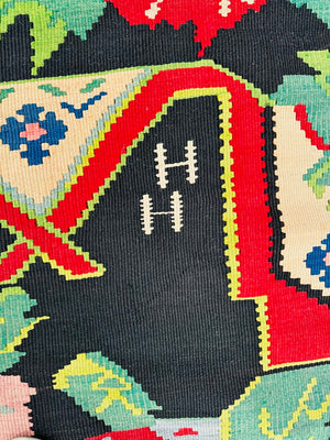 Vintage Bessarabian Black Red Green Wool Kilim Rug 95x126