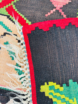 Vintage Bessarabian Black Red Green Wool Kilim Rug 95x126