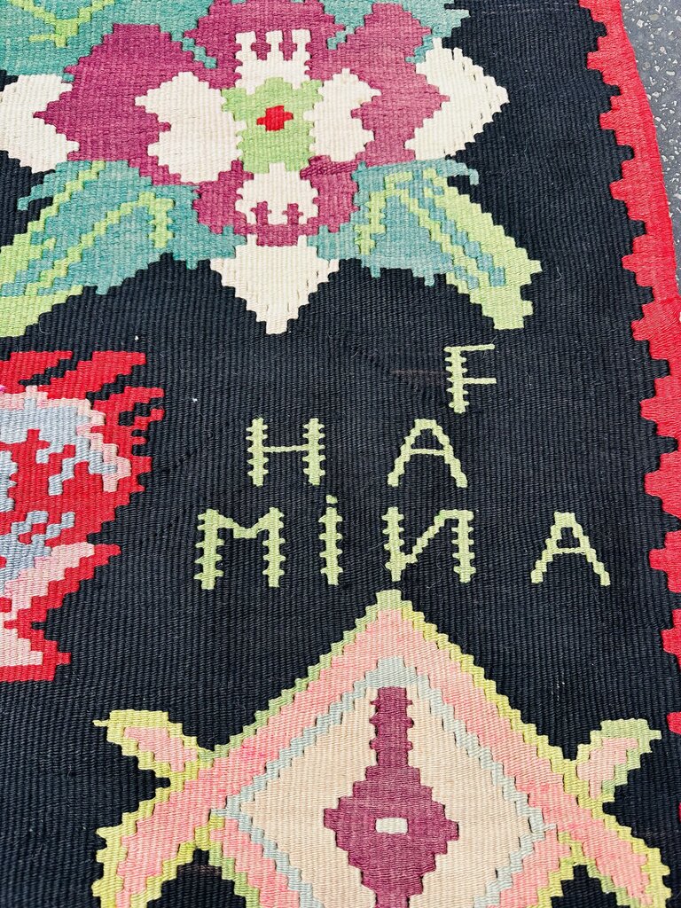 Vintage Bessarabian Black Red Green Wool Kilim Rug 95x126