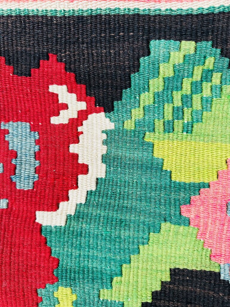 Vintage Bessarabian Black Red Green Wool Kilim Rug 95x126