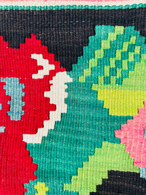Vintage Bessarabian Black Red Green Wool Kilim Rug 95x126
