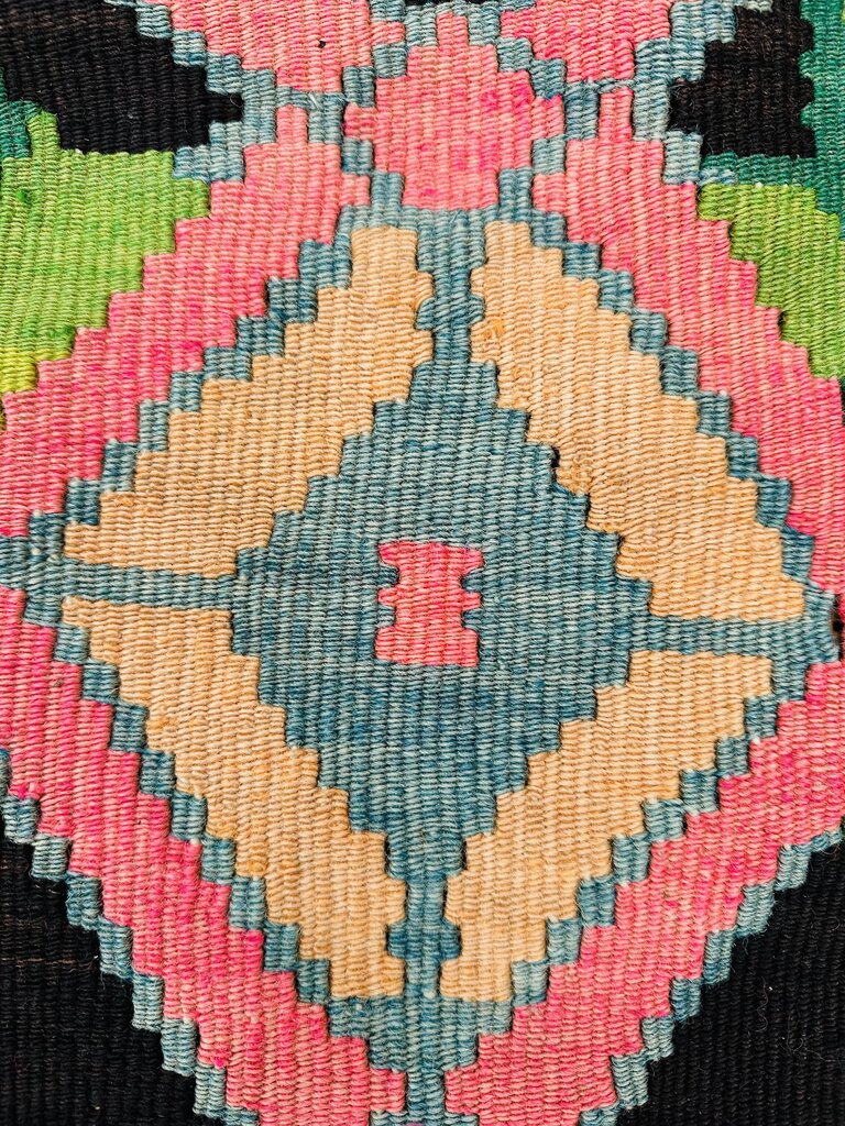 Vintage Bessarabian Black Red Green Wool Kilim Rug 95x126
