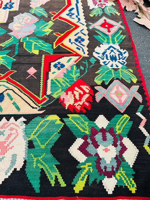 Vintage Bessarabian Black Red Green Wool Kilim Rug 95x126