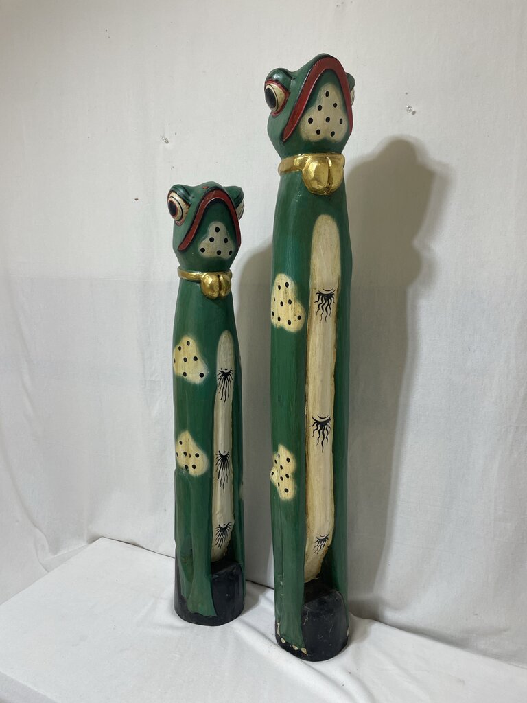 African Style Hand Carved Wooden Entryway Frog Statues (PAIR)