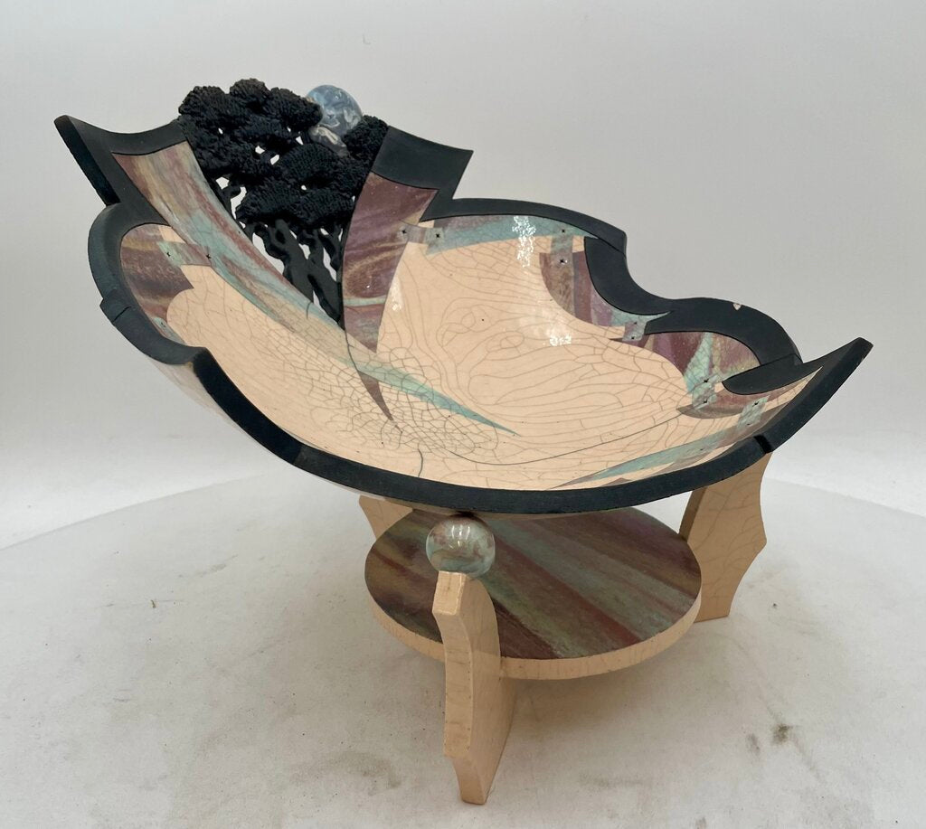 Bill Herb Dimensional Raku Studio Art Pottery Bowl on Stand Signed 07'