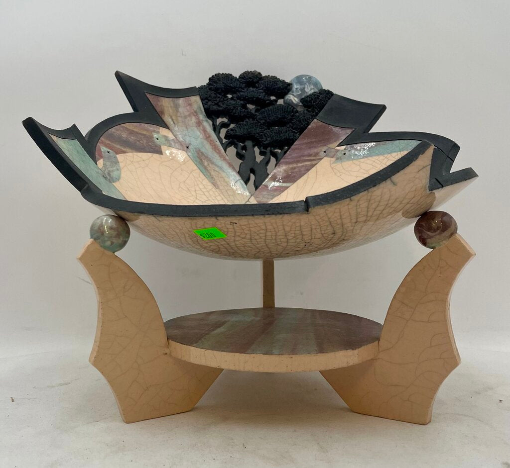 Bill Herb Dimensional Raku Studio Art Pottery Bowl on Stand Signed 07'