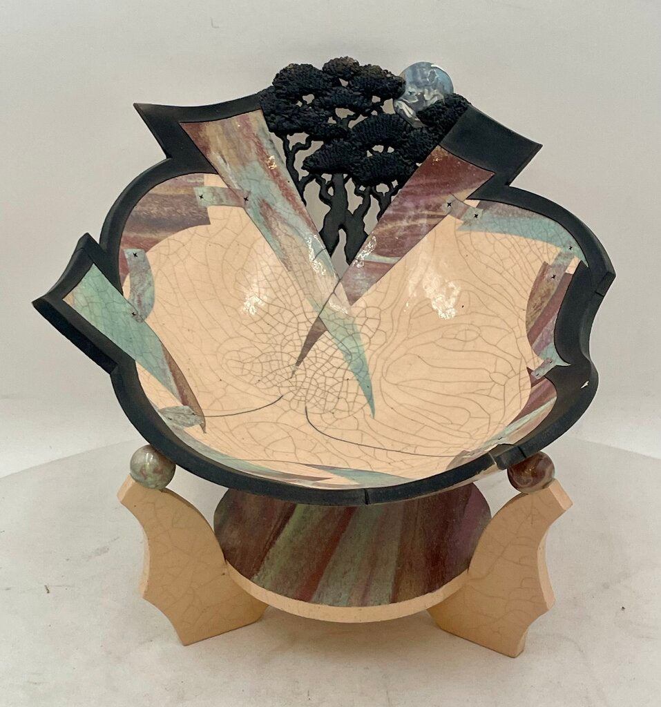 Bill Herb Dimensional Raku Studio Art Pottery Bowl on Stand Signed 07'