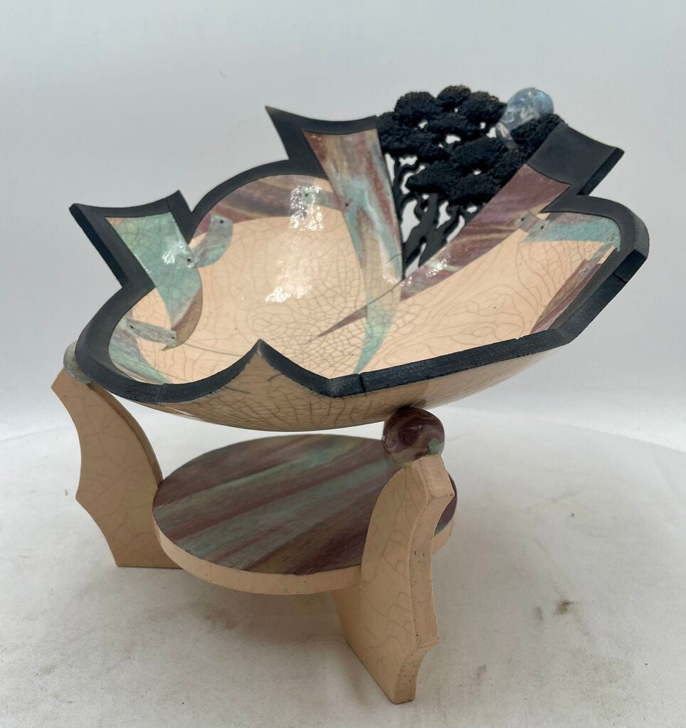 Bill Herb Dimensional Raku Studio Art Pottery Bowl on Stand Signed 07'
