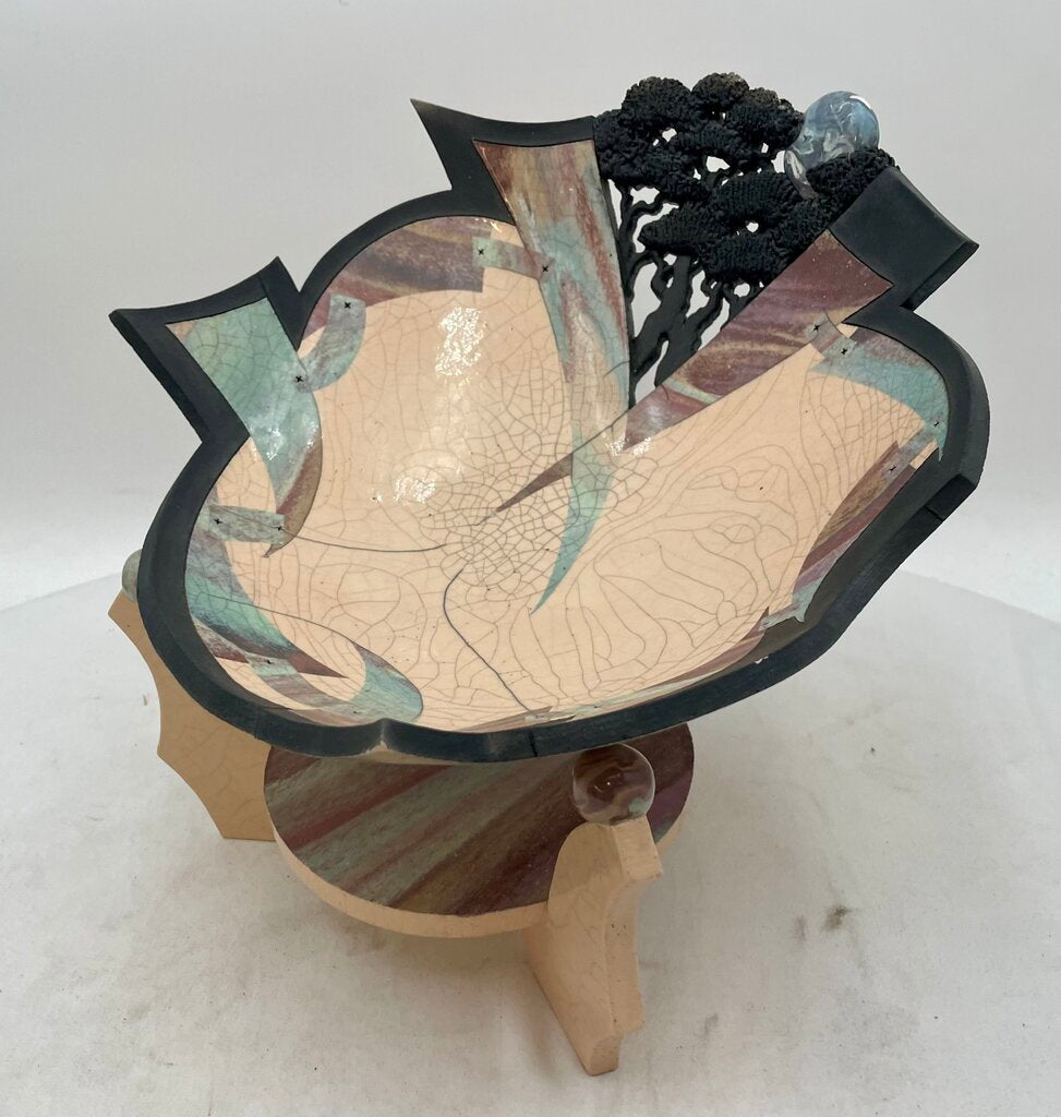 Bill Herb Dimensional Raku Studio Art Pottery Bowl on Stand Signed 07'