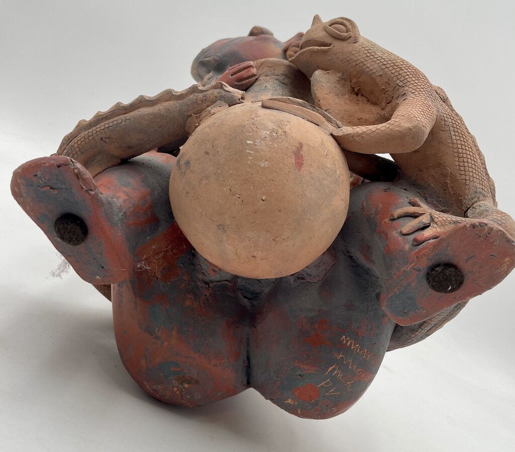 Marta Ramirez aka Mama Mono P.V. Mexico Nayarit Figural Deity with Lizards Signed Bottom