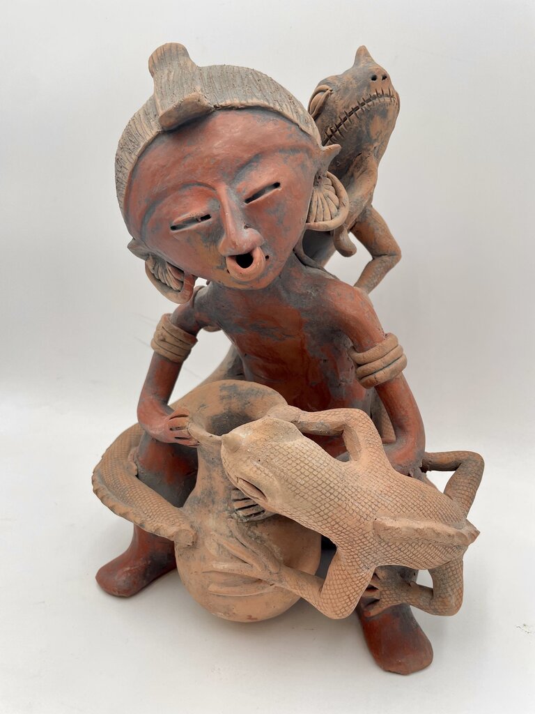 Marta Ramirez aka Mama Mono P.V. Mexico Nayarit Figural Deity with Lizards Signed Bottom