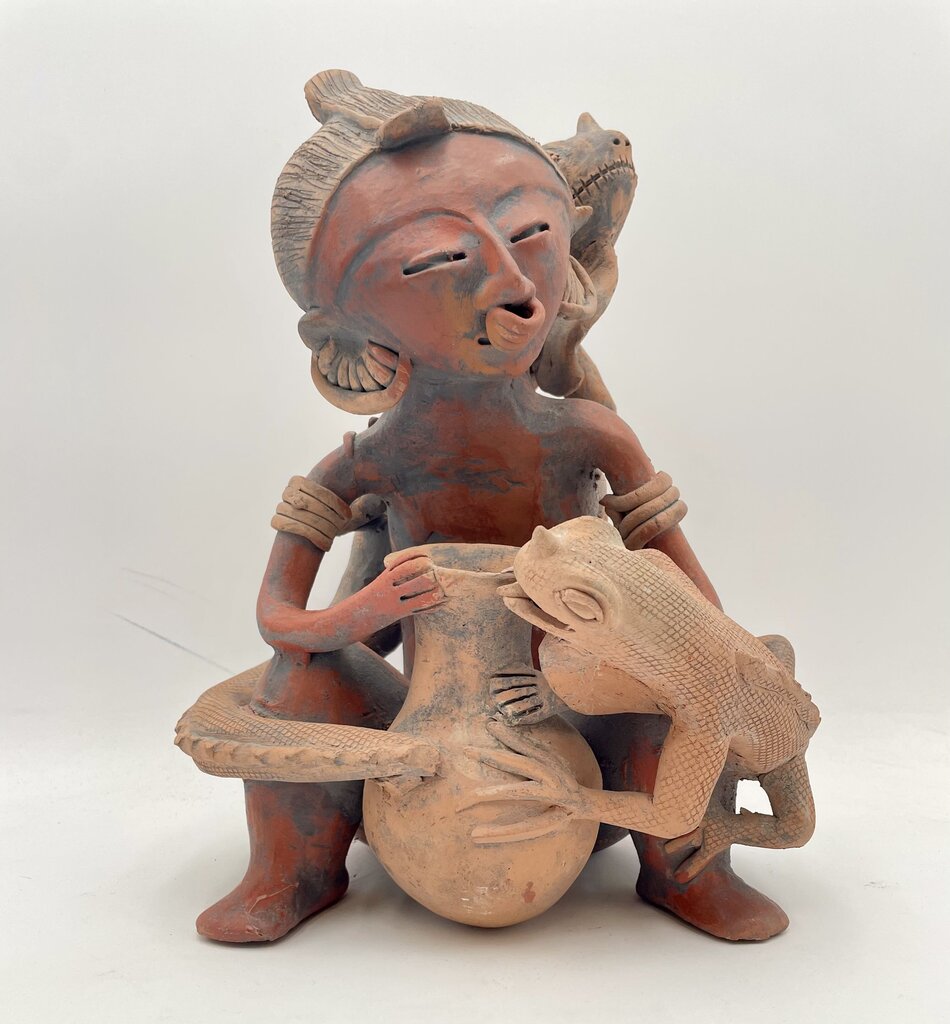 Marta Ramirez aka Mama Mono P.V. Mexico Nayarit Figural Deity with Lizards Signed Bottom