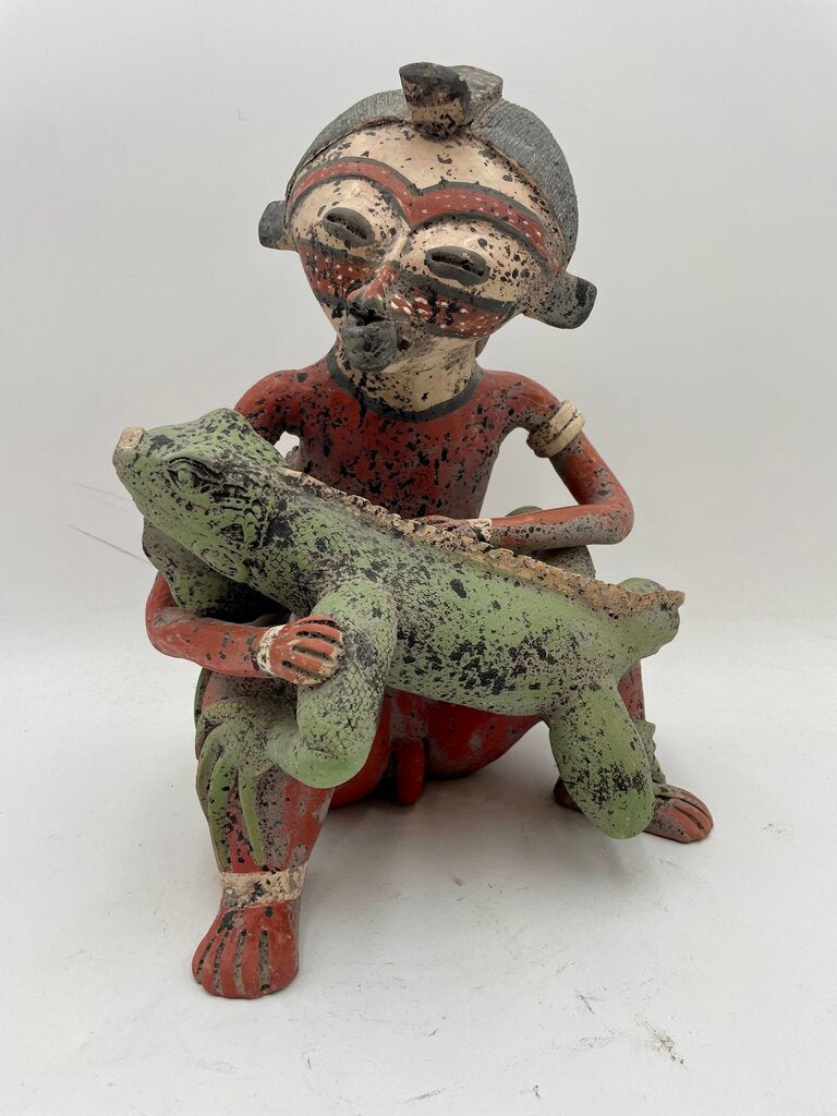 Replica Pre- Columbian Nayarit Mexican Terracotta Seated Warrior with Lizard