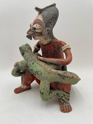 Replica Pre- Columbian Nayarit Mexican Terracotta Seated Warrior with Lizard