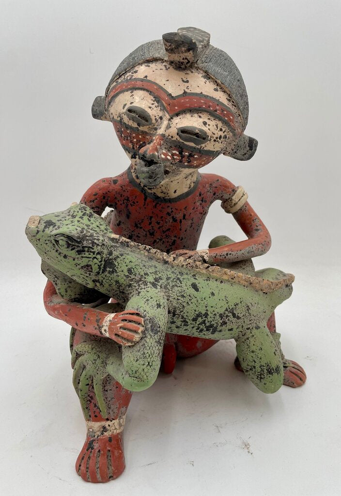 Replica Pre- Columbian Nayarit Mexican Terracotta Seated Warrior with Lizard