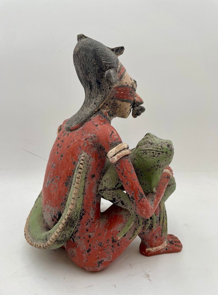 Replica Pre- Columbian Nayarit Mexican Terracotta Seated Warrior with Lizard