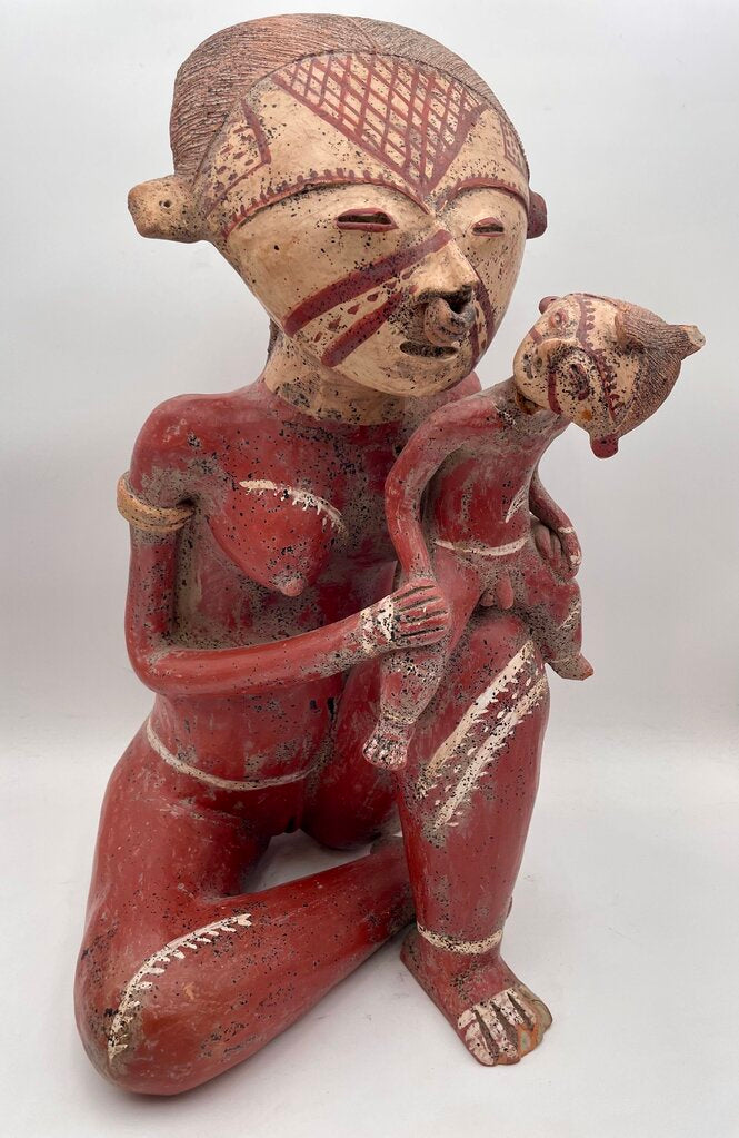 Replica Pre-Columbian Nayarit Mexican Terracotta Seated Female Figure w/ Child (Previously Repaired)