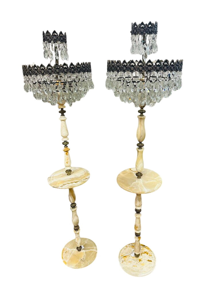 Vintage Hollywood Regency style Onyx Crystal Chandelier Floor Lamp (Pair) by Miss Daisy's Consignment & Auction House