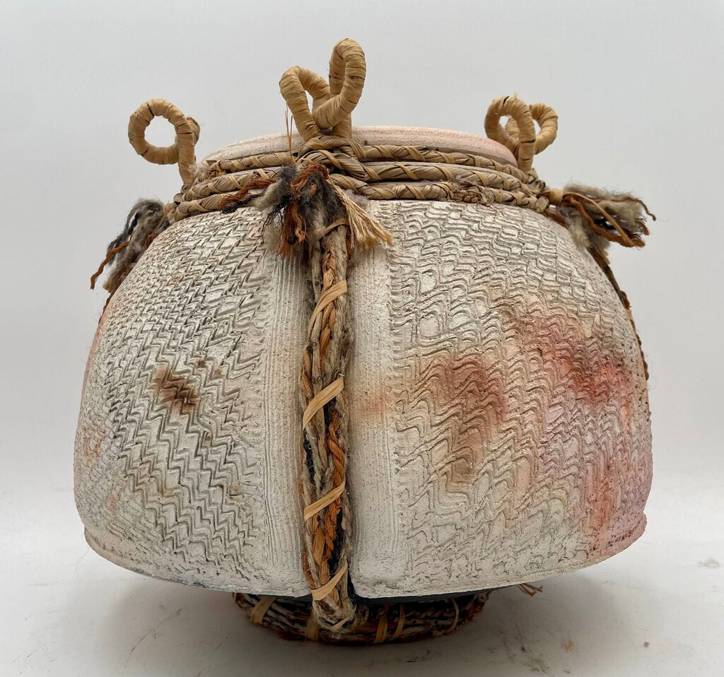 Primitive Mixed Media Earthenware Looped Jute & Woven Sweet Grass Clay Pot