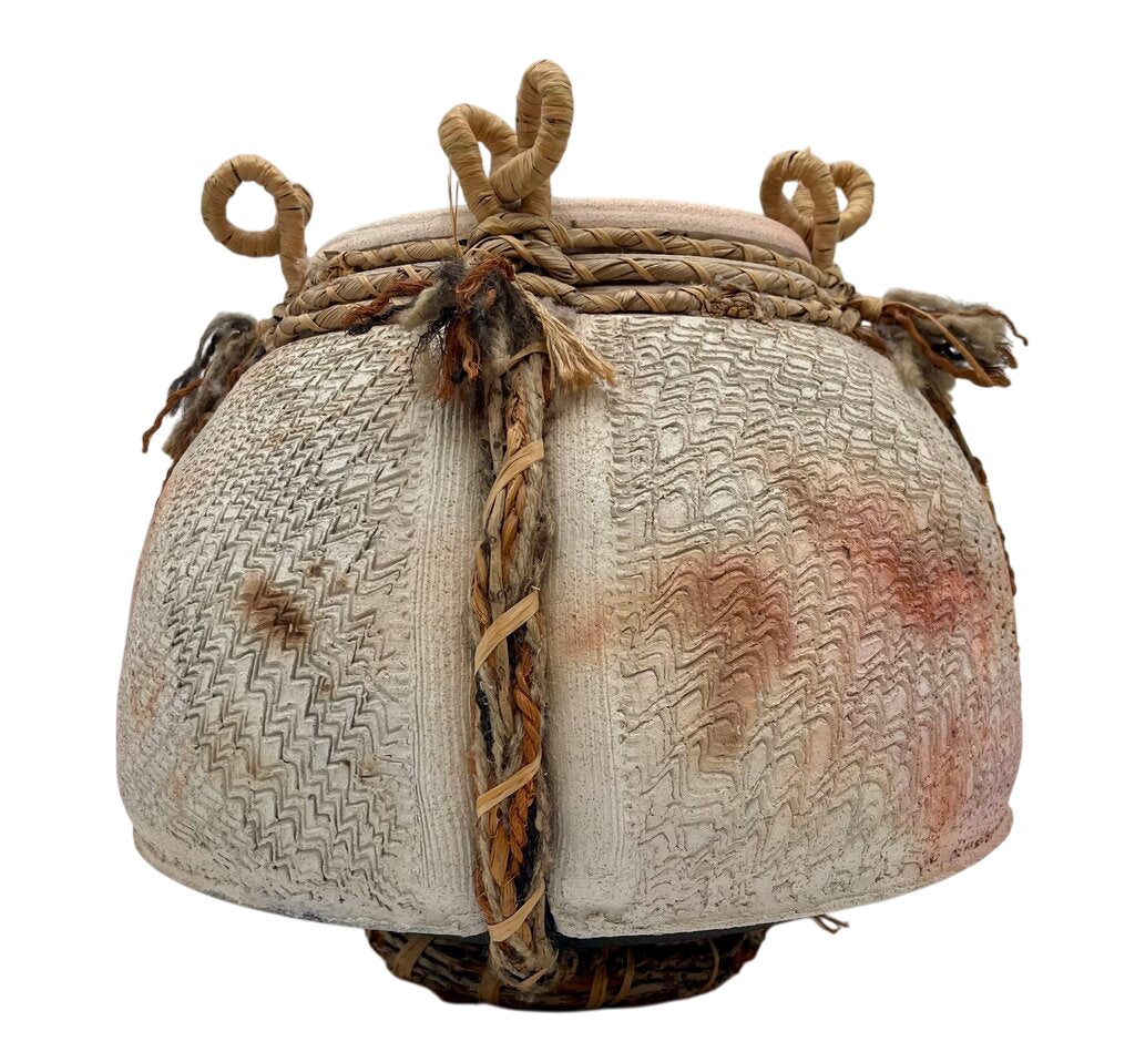Primitive Mixed Media Earthenware Looped Jute & Woven Sweet Grass Clay Pot by Miss Daisy's Consignment & Auction House