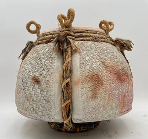 Primitive Mixed Media Earthenware Looped Jute & Woven Sweet Grass Clay Pot