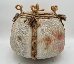 Primitive Mixed Media Earthenware Looped Jute & Woven Sweet Grass Clay Pot