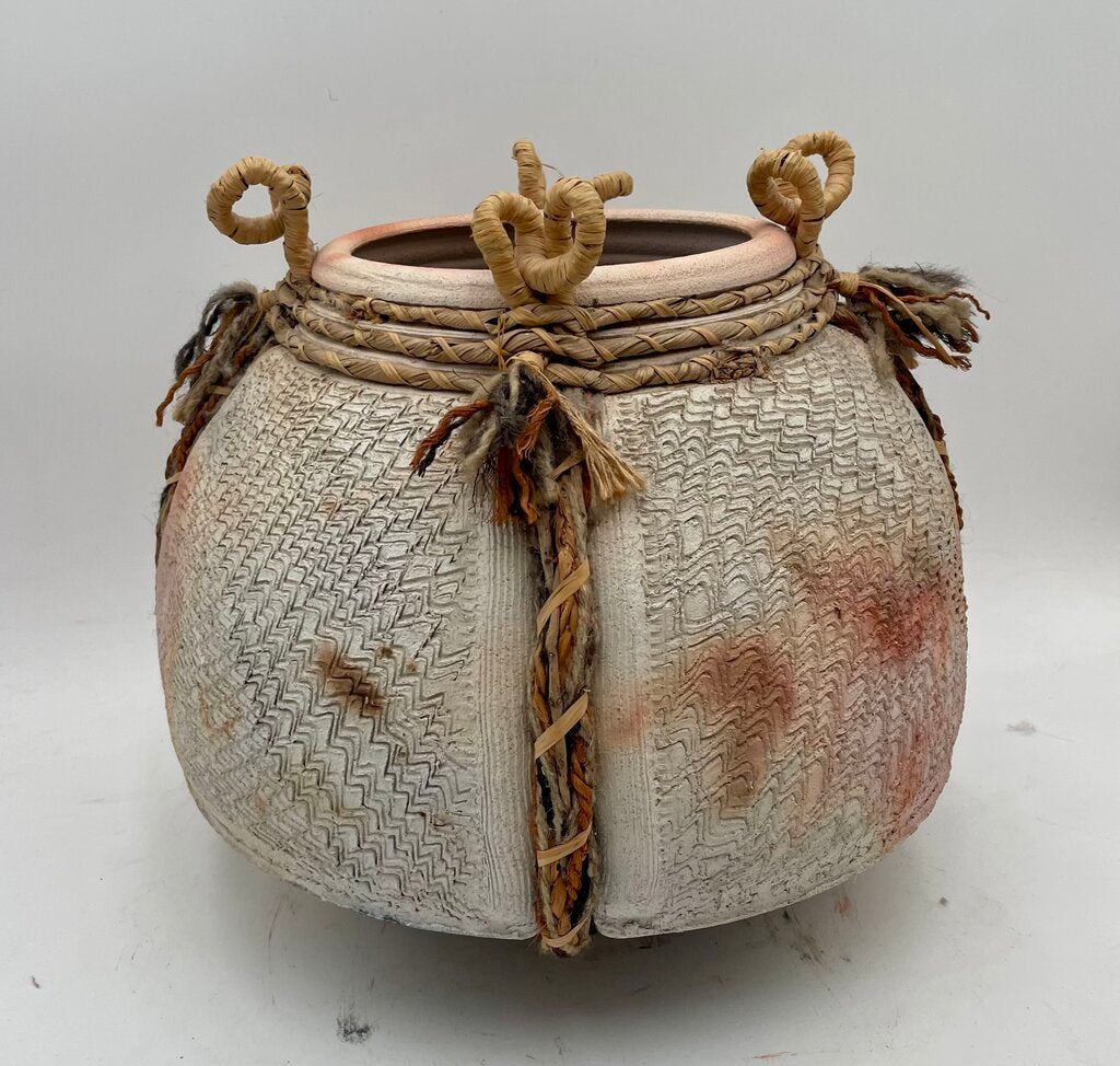 Primitive Mixed Media Earthenware Looped Jute & Woven Sweet Grass Clay Pot