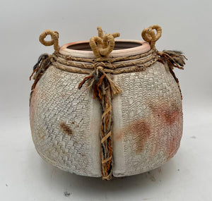 Primitive Mixed Media Earthenware Looped Jute & Woven Sweet Grass Clay Pot