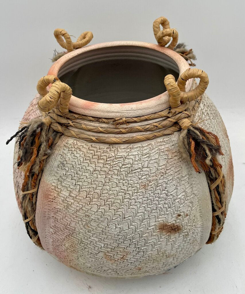 Primitive Mixed Media Earthenware Looped Jute & Woven Sweet Grass Clay Pot
