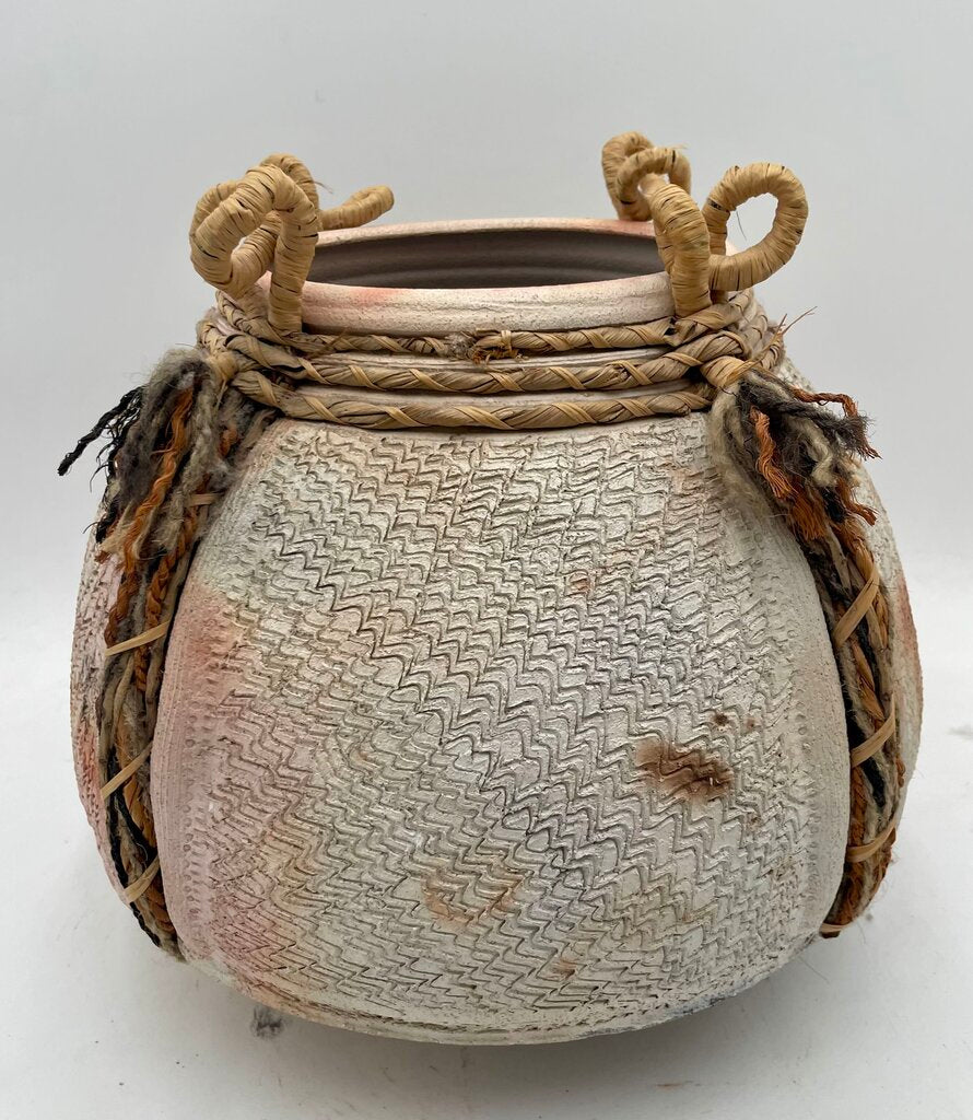 Primitive Mixed Media Earthenware Looped Jute & Woven Sweet Grass Clay Pot