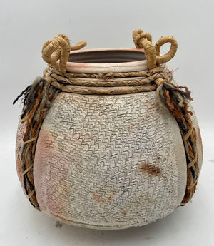 Primitive Mixed Media Earthenware Looped Jute & Woven Sweet Grass Clay Pot