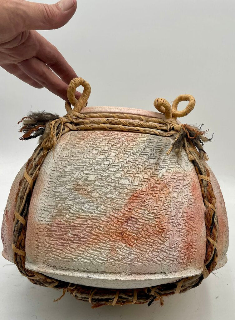Primitive Mixed Media Earthenware Looped Jute & Woven Sweet Grass Clay Pot