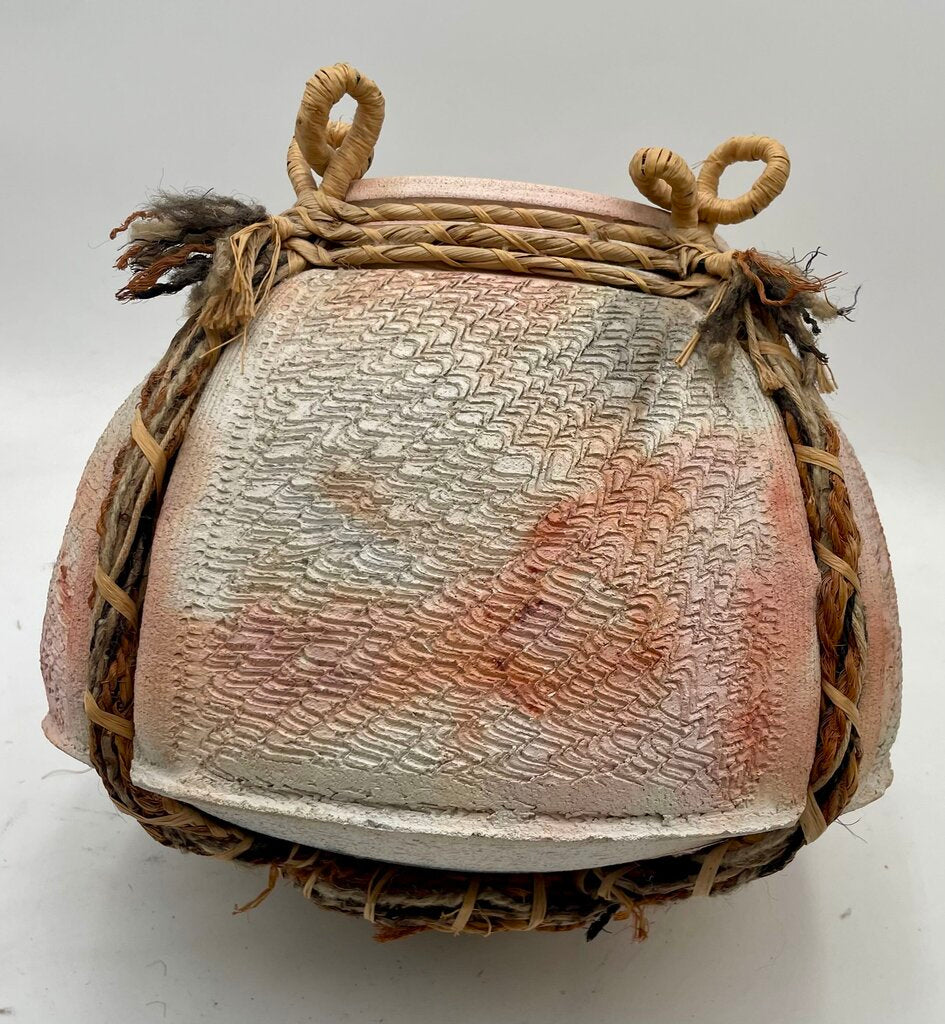 Primitive Mixed Media Earthenware Looped Jute & Woven Sweet Grass Clay Pot