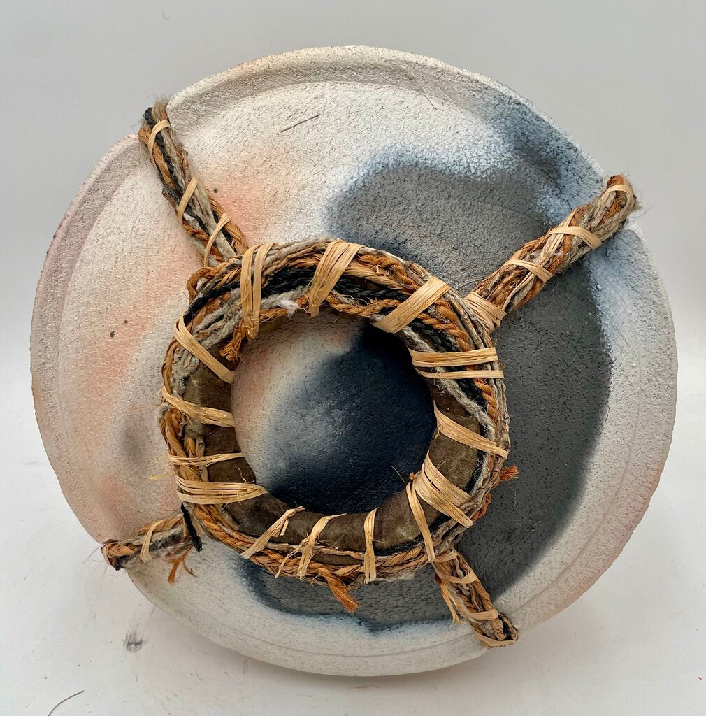 Primitive Mixed Media Earthenware Looped Jute & Woven Sweet Grass Clay Pot