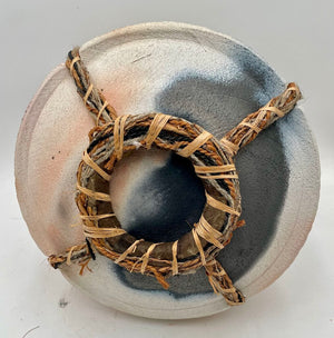 Primitive Mixed Media Earthenware Looped Jute & Woven Sweet Grass Clay Pot
