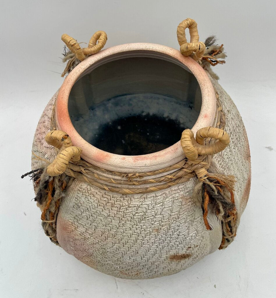 Primitive Mixed Media Earthenware Looped Jute & Woven Sweet Grass Clay Pot